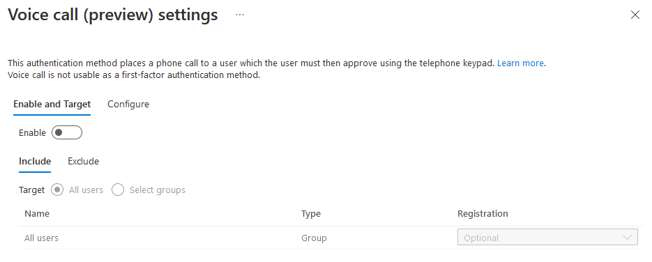 Azure AD Voice call asetukset