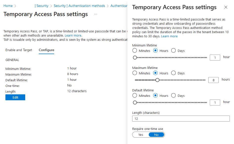 Azure AD Temporary Access Pass asetukset