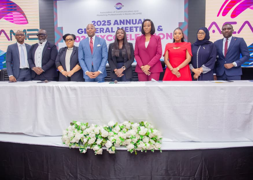 L-r: General Secretary, Ademola Adesola (Parallex); Vice President 1, ACAMB; Chinwe Bode-Akinwande; General Secretary, Olugb enga Owootomo (Polaris); President, Association of Corporate Communication & Marketing Professionals in Banks, Jide Sipe (BOI); Vice President 2, Morolake Phillip-Ladipo (Wema); Treasurer, Unoaku Anyadike (GTB); Treasurer; Social Secretary, Macqueen Afolabi (Zenith Bank) ; Financial Secretary, ACAMB, Halima Ishaq (Jaiz) and Publicity Secretary, Abiodun Coker (UBA) during the 2025 Annual General Meeting and 2026 Exco Election held at Bankers House in Lagos