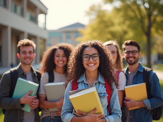 A diverse group-of-students-smiling-while-holding-books-on-a-sunny-campus-background-empha