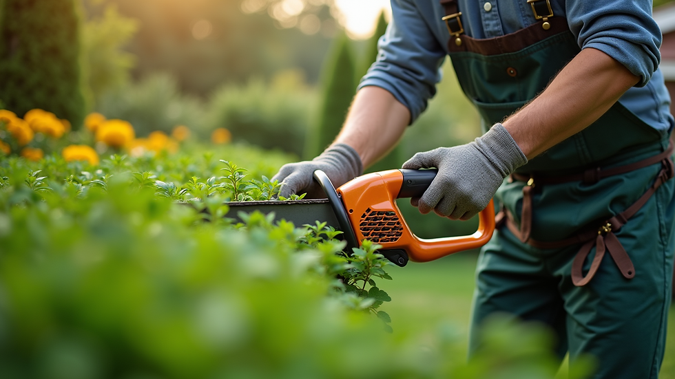 High angle view of a gardener trimming a hedge in a residential garden