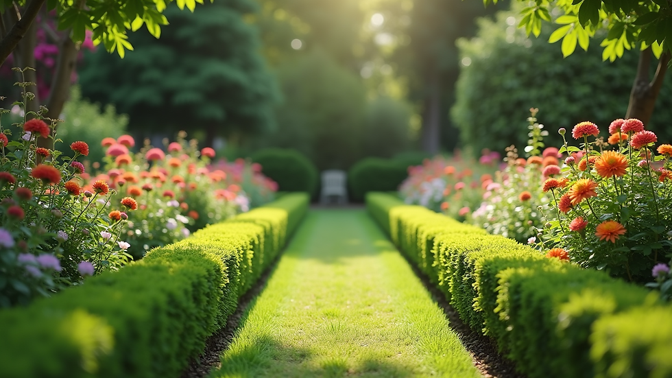 Eye-level view of a well-maintained garden with trimmed hedges and colorful flowers