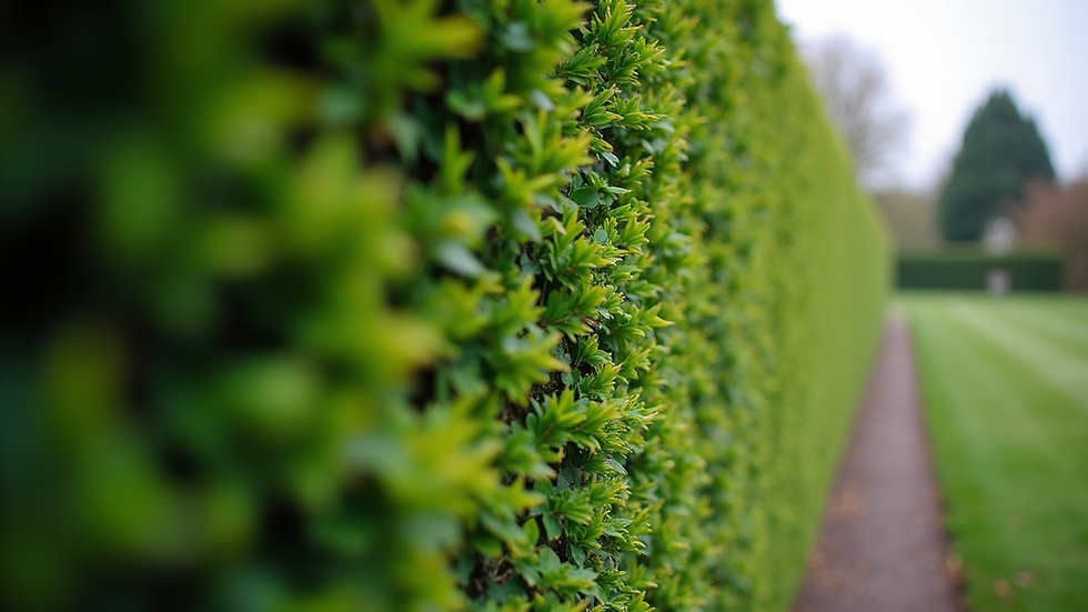 Eye-level view of a neatly trimmed green hedge along a garden fence in Hampshire