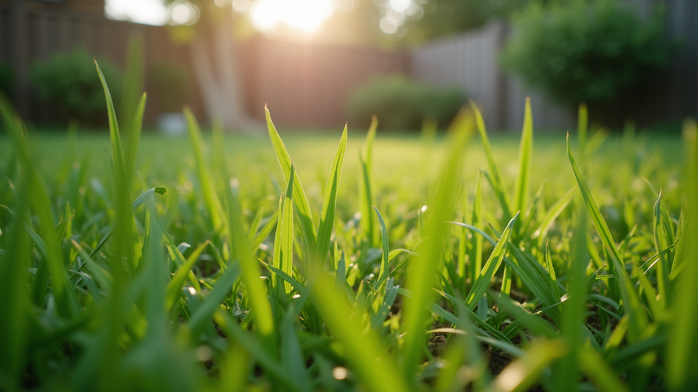 Eye-level view of a garden lawn with tall overgrown grass