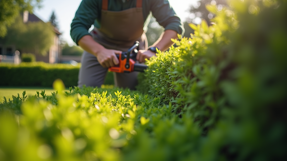 Close-up view of a gardener trimming a hedge in a residential garden