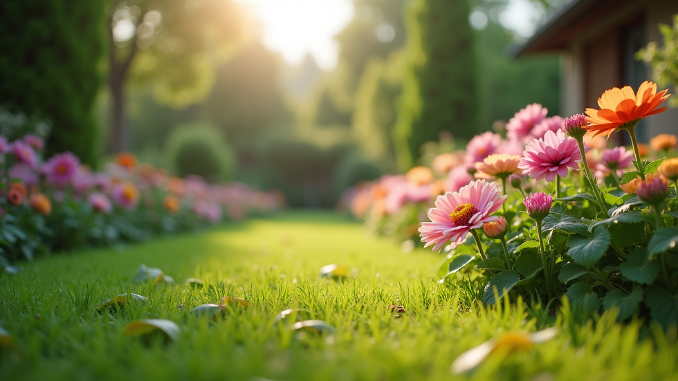 Eye-level view of a well-maintained garden with blooming flowers