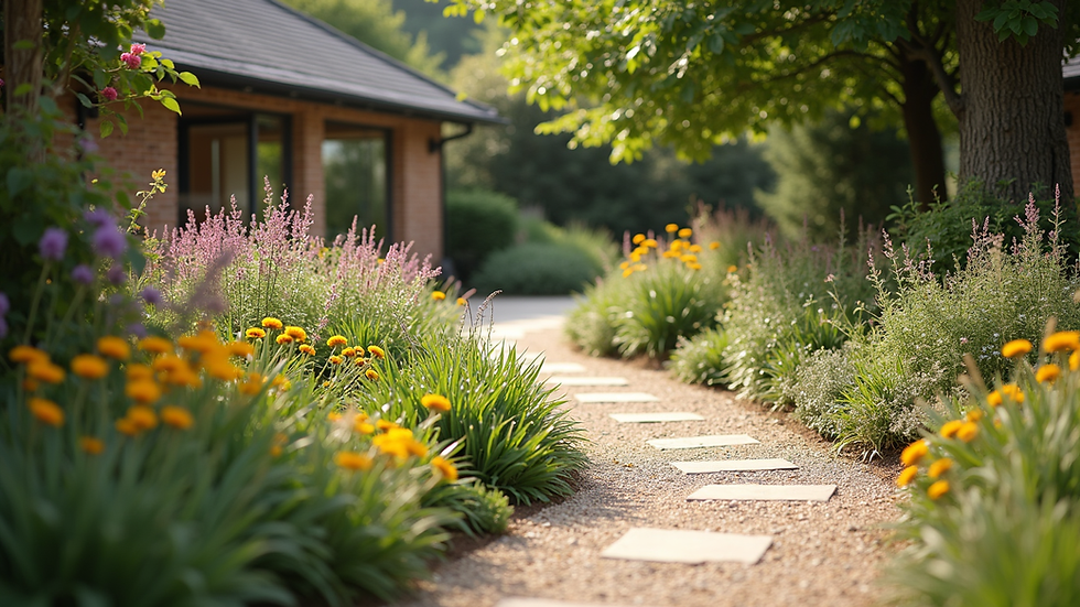 High angle view of a care home garden with accessible paths and flower beds