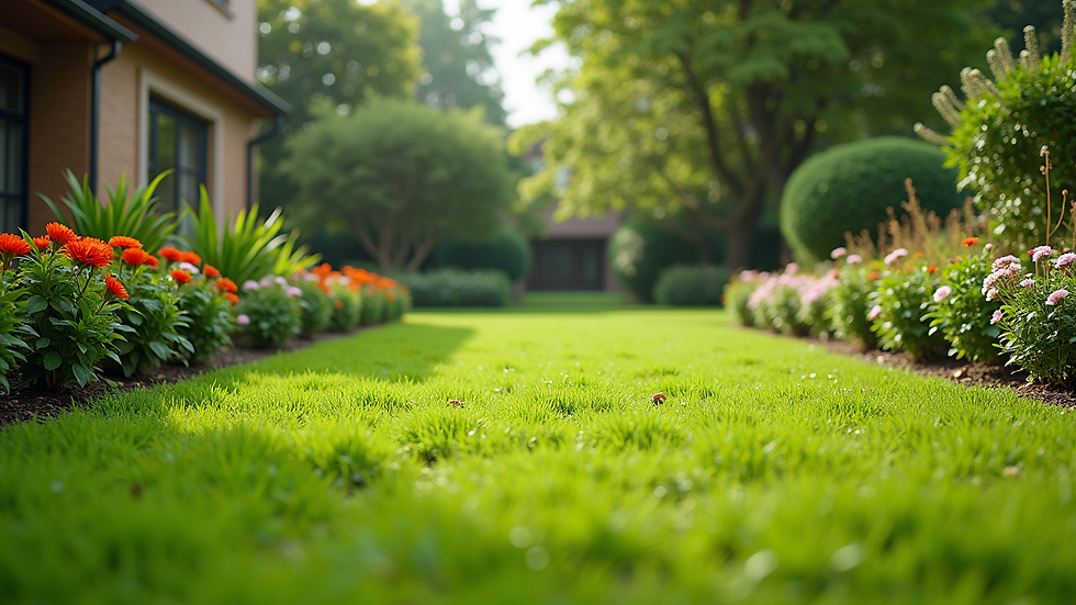 Wide angle view of a well-maintained garden lawn with trimmed grass and flower beds