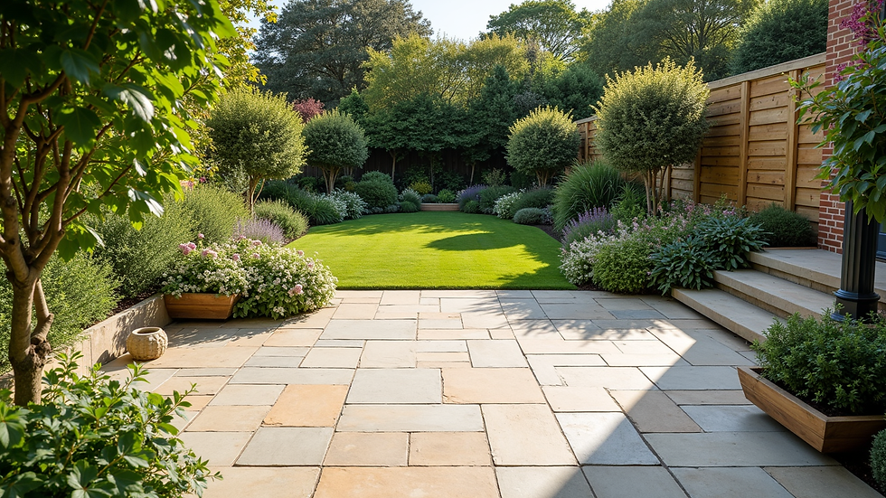 Wide angle view of newly installed stone patio in a Dorset garden