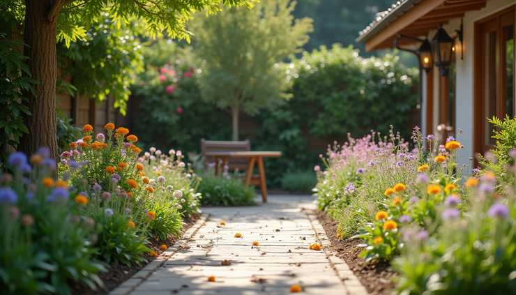 Eye-level view of a garden with flower beds and a small patio area