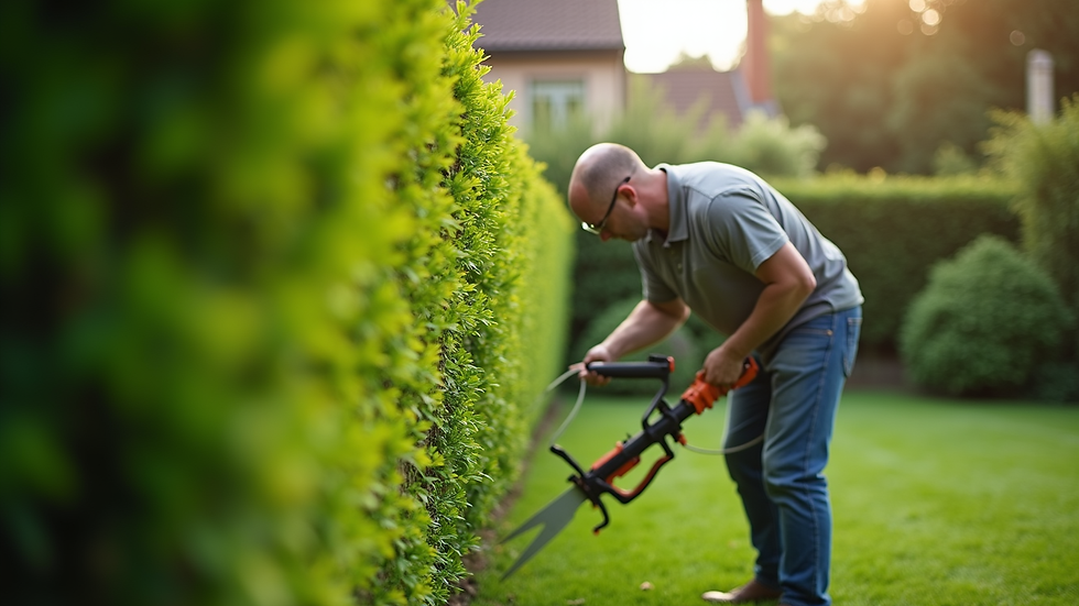 Eye-level view of a gardener trimming a lush green hedge in a residential garden