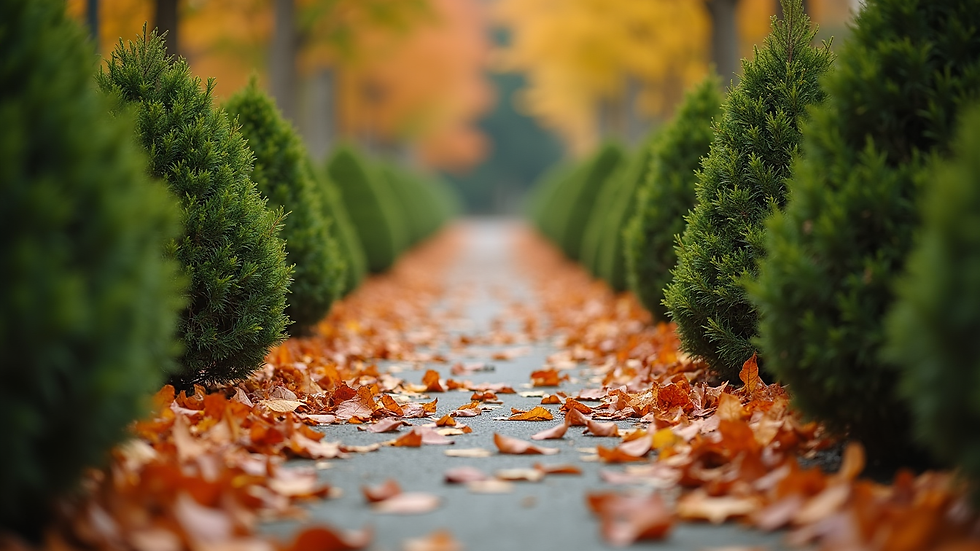 Eye-level view of a garden path lined with autumn leaves and trimmed shrubs