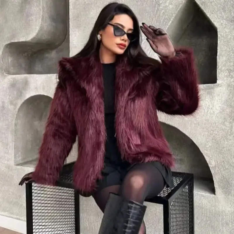 Thumbnail: Women's Fur Coat Women Plush Burgundy Bomber Jacket Solid Crop