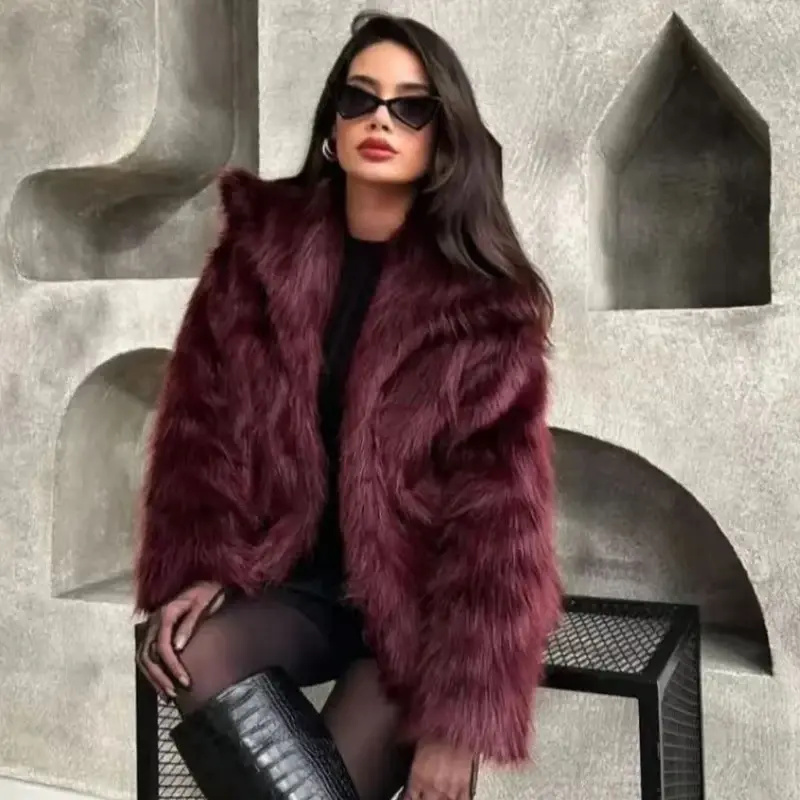 Thumbnail: Women's Fur Coat Women Plush Burgundy Bomber Jacket Solid Crop