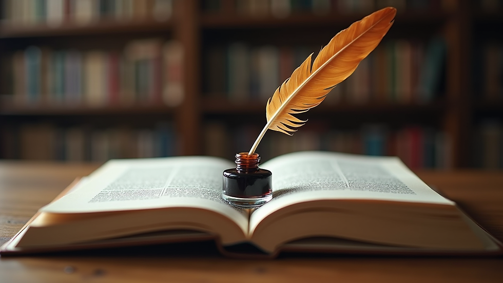 Eye-level view of an open book with a quill and inkpot