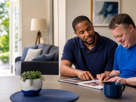 ADEPT Programs cover showing a Direct Support Professional and adult planning a meaningful community activity together.
