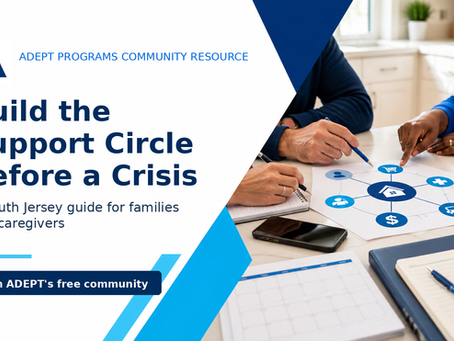 ADEPT-branded blog cover showing caregivers planning a support circle at a table with blue community-living design elements.