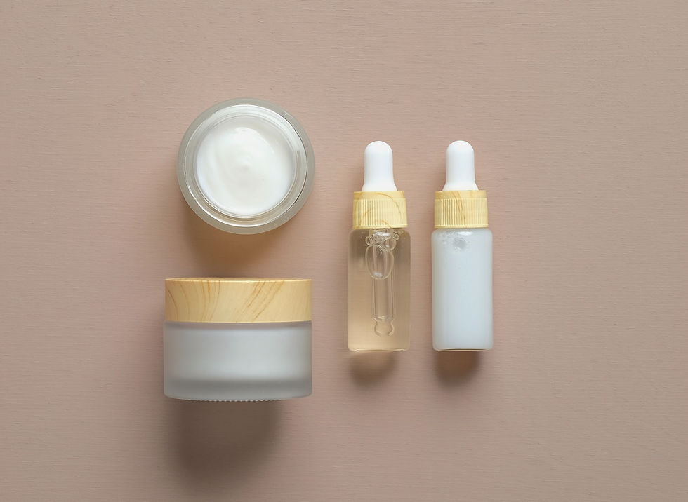 Skincare products set. Natural moisturizer cream jars, dropper bottle with serum and essen