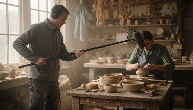 Eye-level view of a sound recordist capturing natural audio beside a wooden workbench.