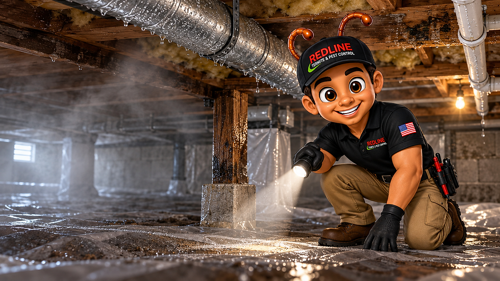 Mascot inspecting crawl space dehumidifier installation.