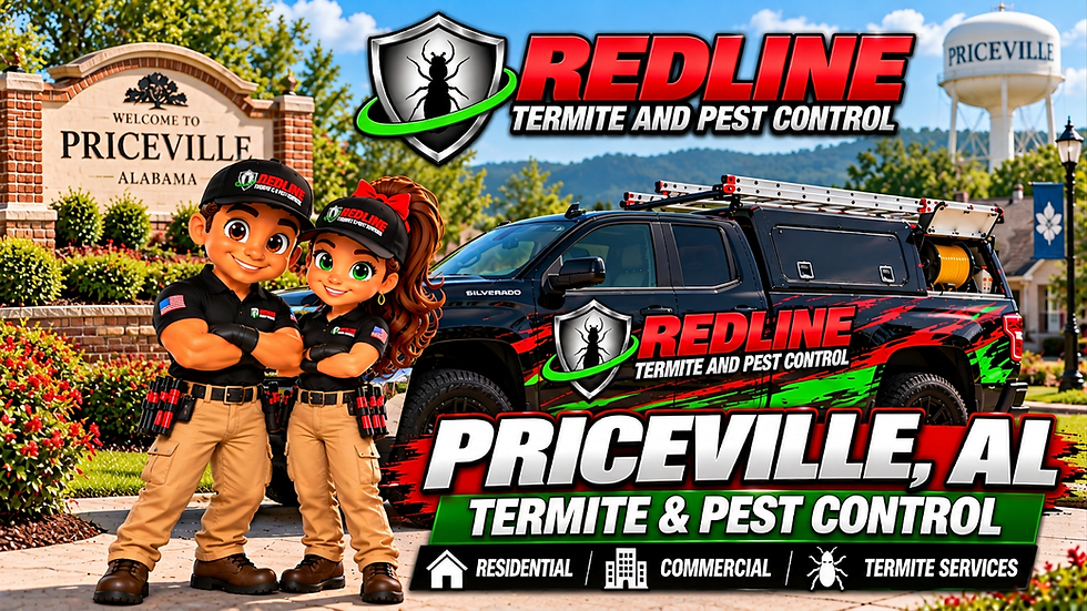 Digital illustration featuring two cartoon pest control technicians standing in front of a branded service truck. The scene is bright and professional with a bold logo and text advertising Redline Termite and Pest Control services.
