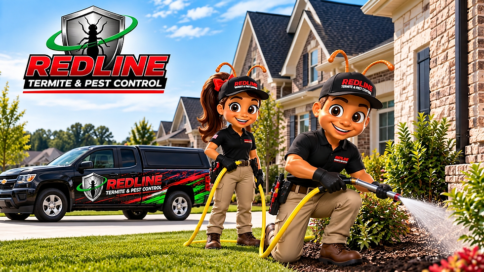 Redline Termite and Pest Control mascots Red and Lorane at a Meridianville, Alabama home, performing exterior pest treatment with a yellow hose beside a branded Redline service truck.