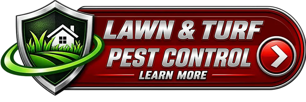 Digital graphic advertising lawn and pest control services. Features bold, metallic text on a dark red background, suggesting professional service.