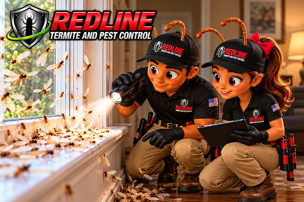 Redline Termite and Pest Control mascots Red and Lorane performing a professional indoor termite inspection at a North Alabama home, examining flying swarming termites and piles of discarded termite wings along an interior windowsill. Red uses a flashlight while Lorane documents suspected subterranean termite activity, highlighting common termite swarm warning signs in Huntsville, Madison, Athens, Decatur, Scottsboro, Guntersville, and surrounding North Alabama communities.
