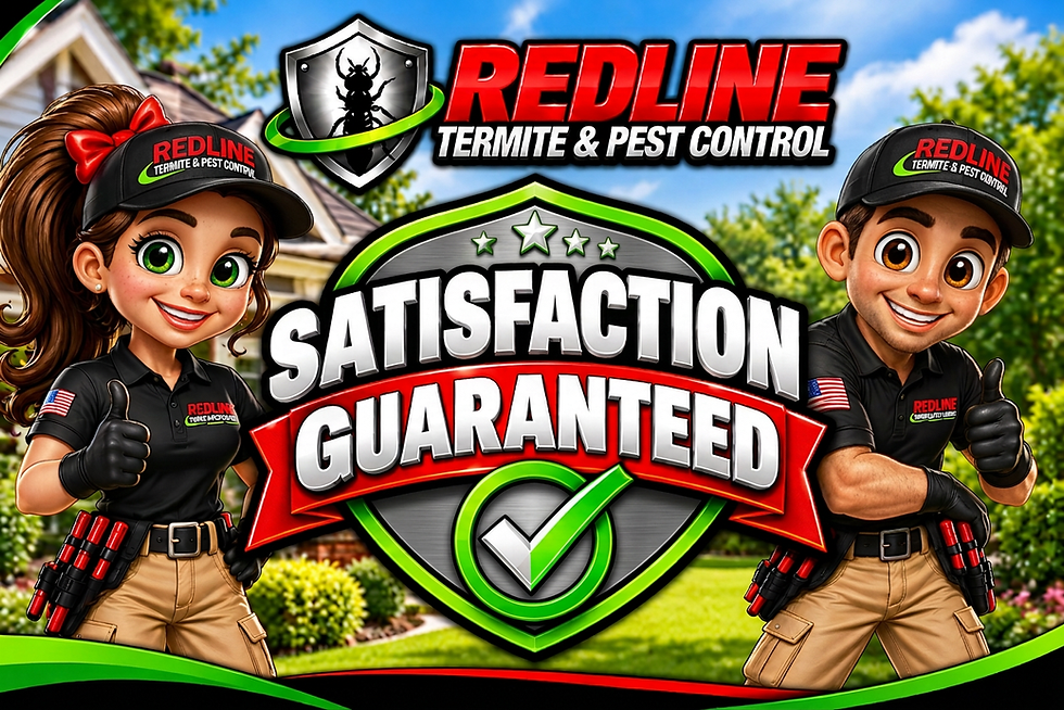 Digital illustration for Redline Termite & Pest Control, featuring a satisfaction guarantee emblem and cartoon exterminators reassuring potential customers.