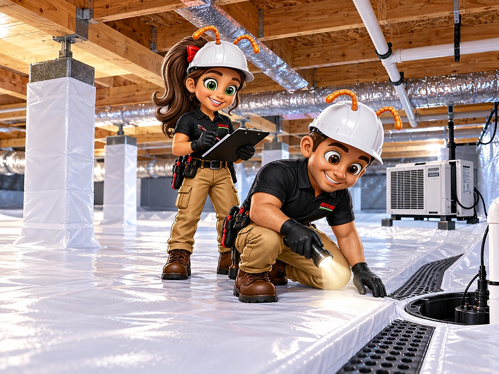 Redline Termite and Pest Control mascots inspecting an encapsulated crawl space in New Market, Alabama, with moisture barrier, drainage system, and dehumidifier.