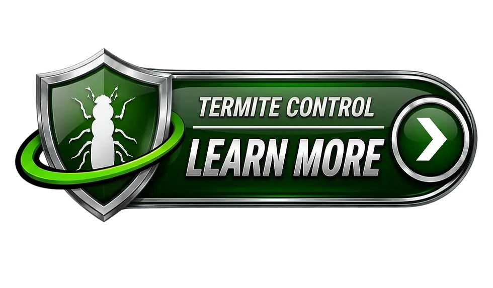 Digital graphic designed as a button, featuring a shield icon and the text Termite Control and Learn More. The aesthetic is professional and corporate with a dark green and metallic color scheme.