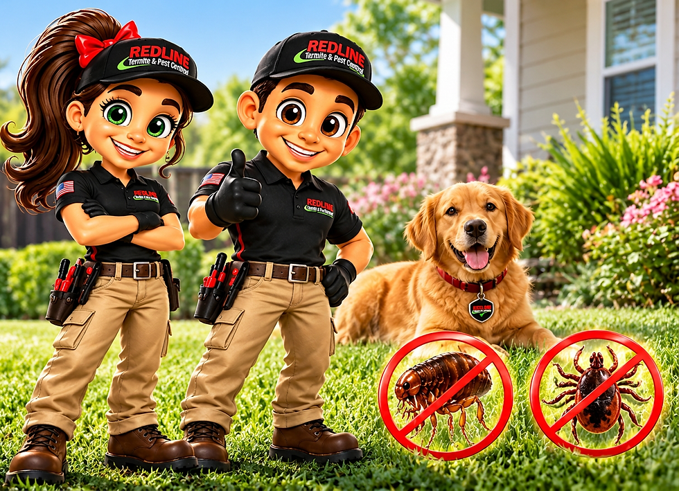 Red and Lorane from Redline Termite and Pest Control providing flea and tick control for a residential lawn, with a family dog and flea and tick illustrations.