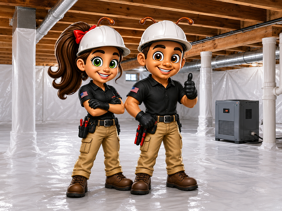 Redline mascots Red and Lorane in a clean encapsulated crawl space in Huntsville, Alabama, showing crawl space moisture control and encapsulation services.