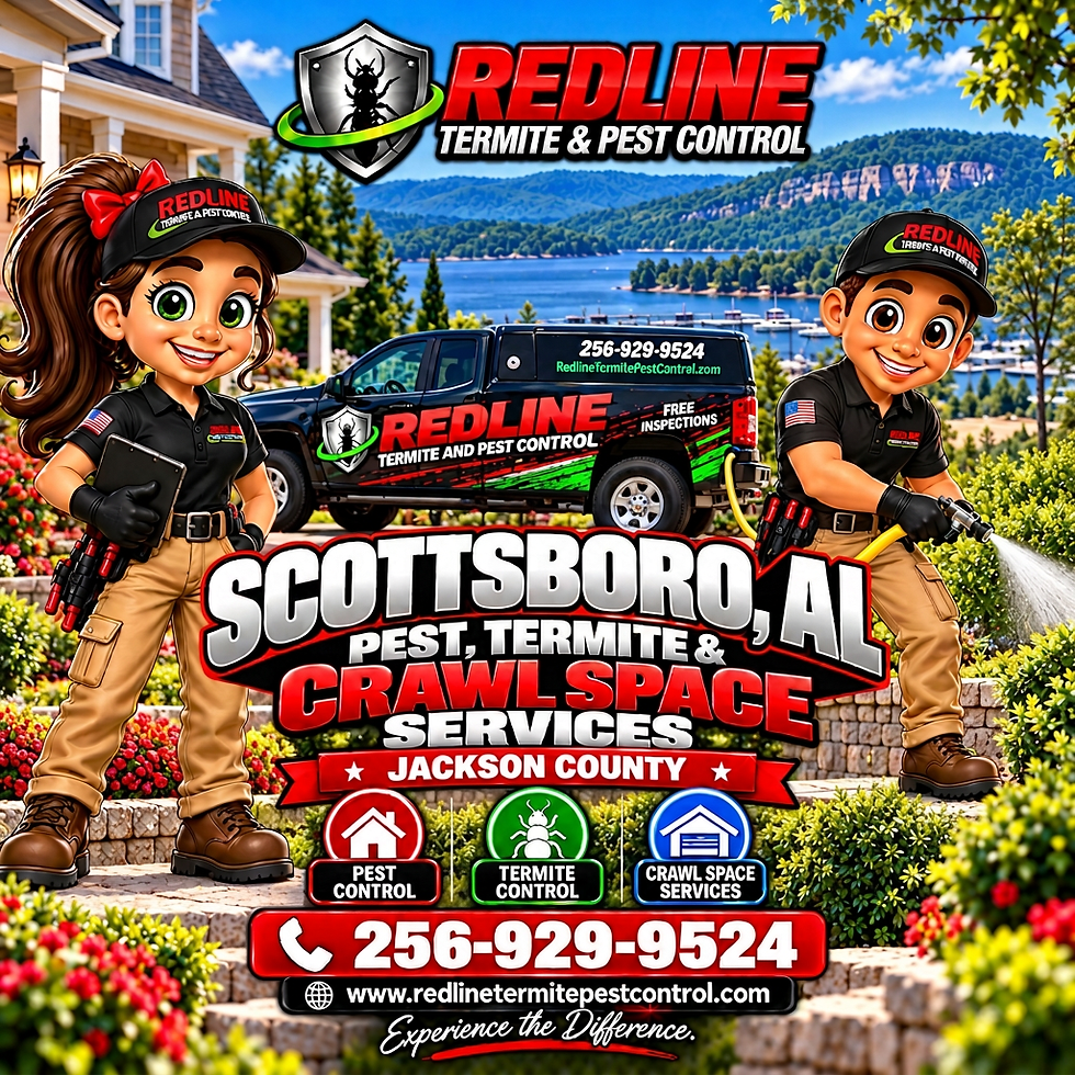 Redline Termite and Pest Control providing professional termite treatment, residential and commercial pest control, and crawl space services in Scottsboro, AL, and Jackson County. Featuring Red and Lorane, the Redline service truck, and exterior pest treatment.