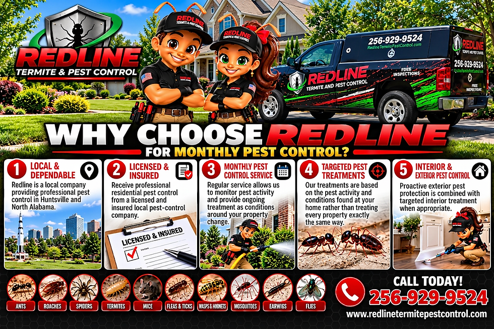 Redline monthly pest control in Huntsville, AL with licensed and insured residential pest service, targeted treatments, and interior and exterior pest control.