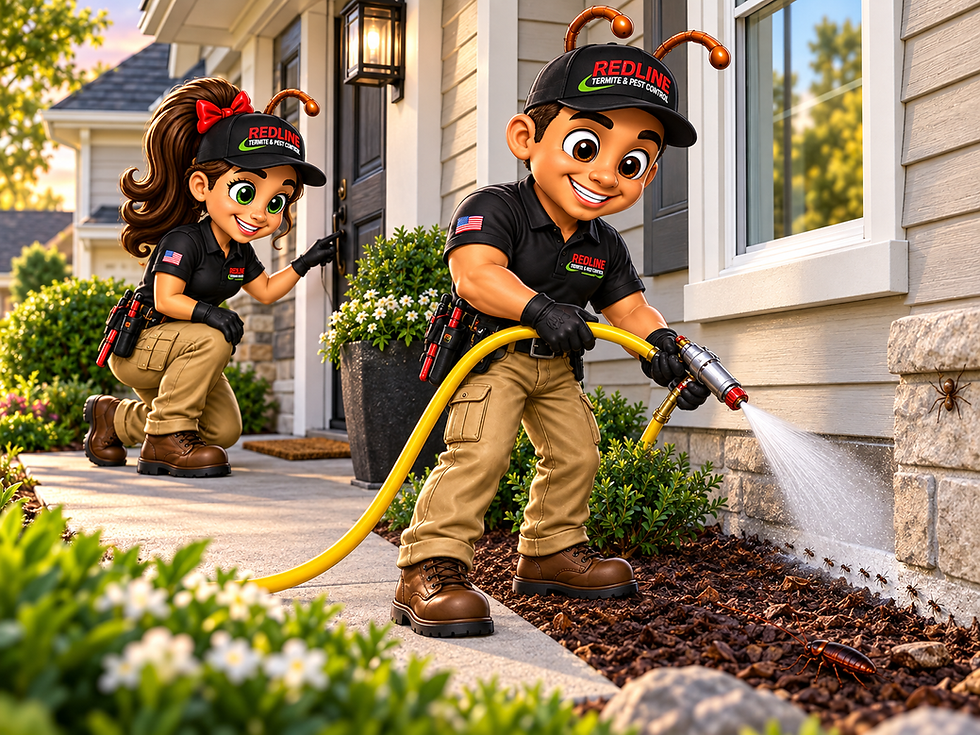Cartoon technicians applying a pest barrier to a home.