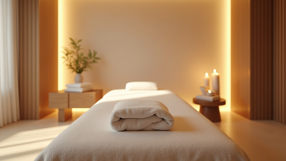 Eye-level view of a calm spa room with soft lighting and a massage bed