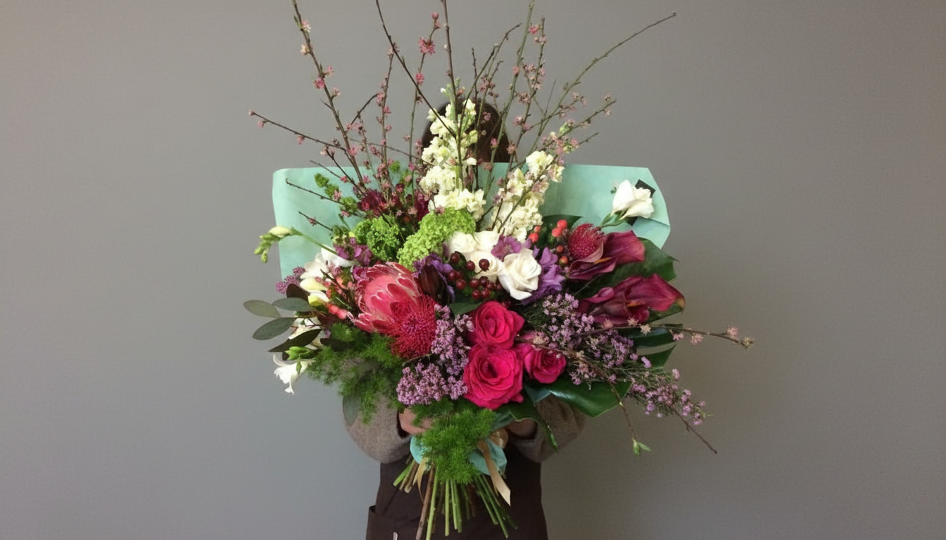 Arquitetura floral com proteas e callas bordeus para entrega ao domicílio de prestígio