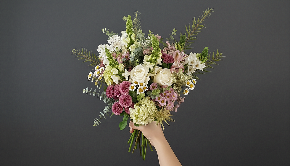 Bouquet de flores frescas simples com rosas e margaridas para entrega ao domicílio.