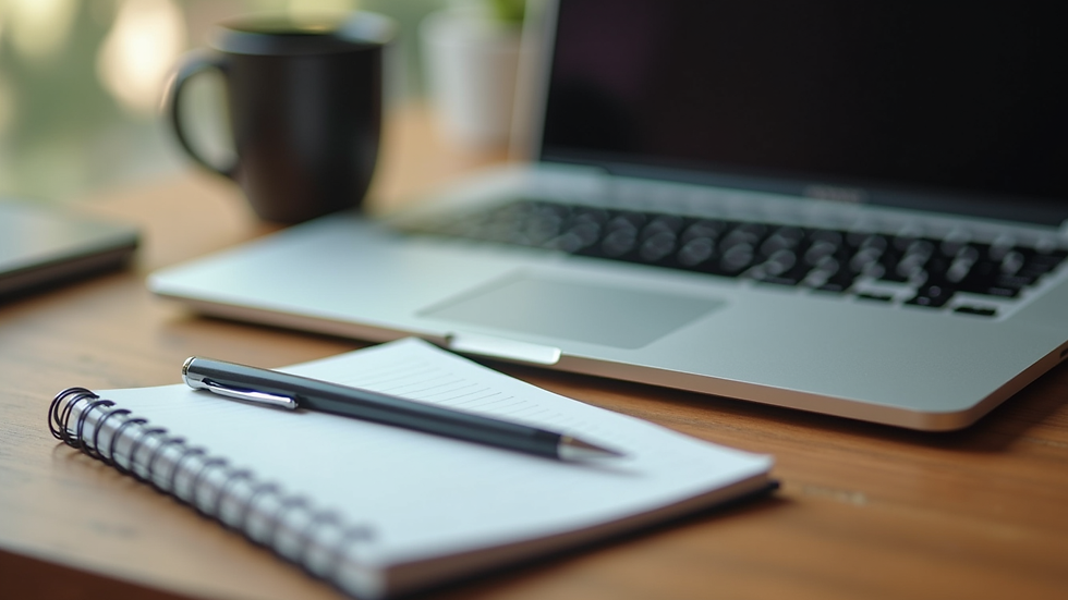 Eye-level view of a laptop with a notepad and pen on a wooden desk