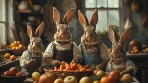 Bunny Family with fruits and veggies in the kitchen