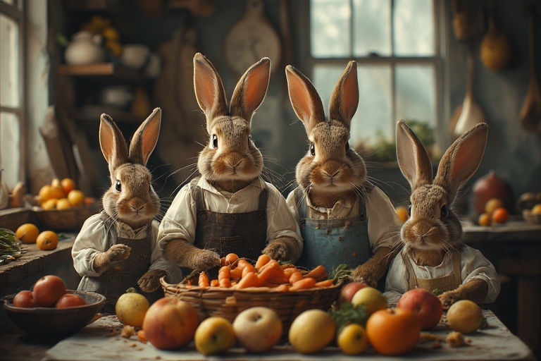 Bunny Family with fruits and veggies in the kitchen