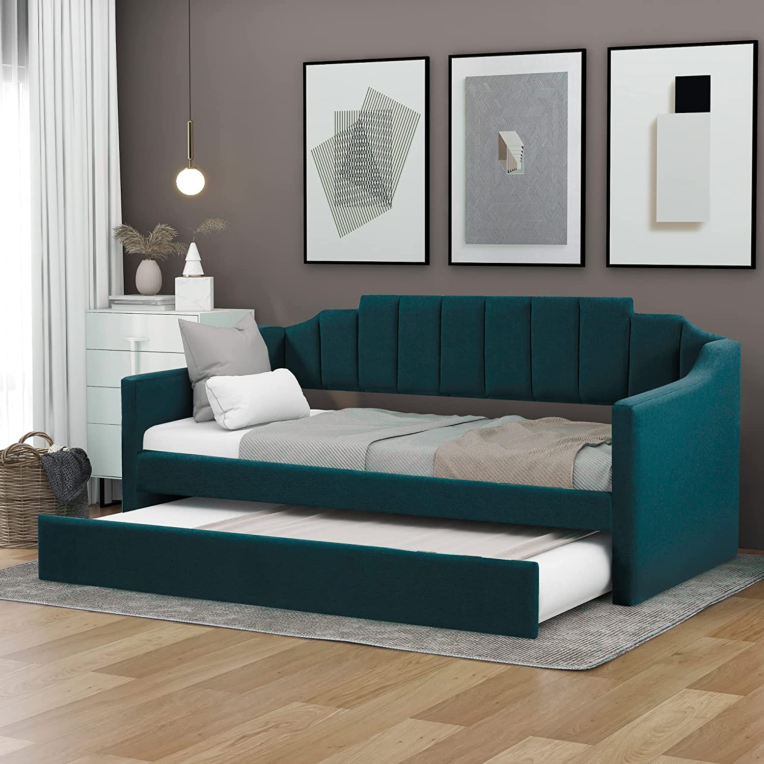 Merax Twin Size Upholstered Daybed with Trundle, Sofa Bed Wood Bed Frame with Sw