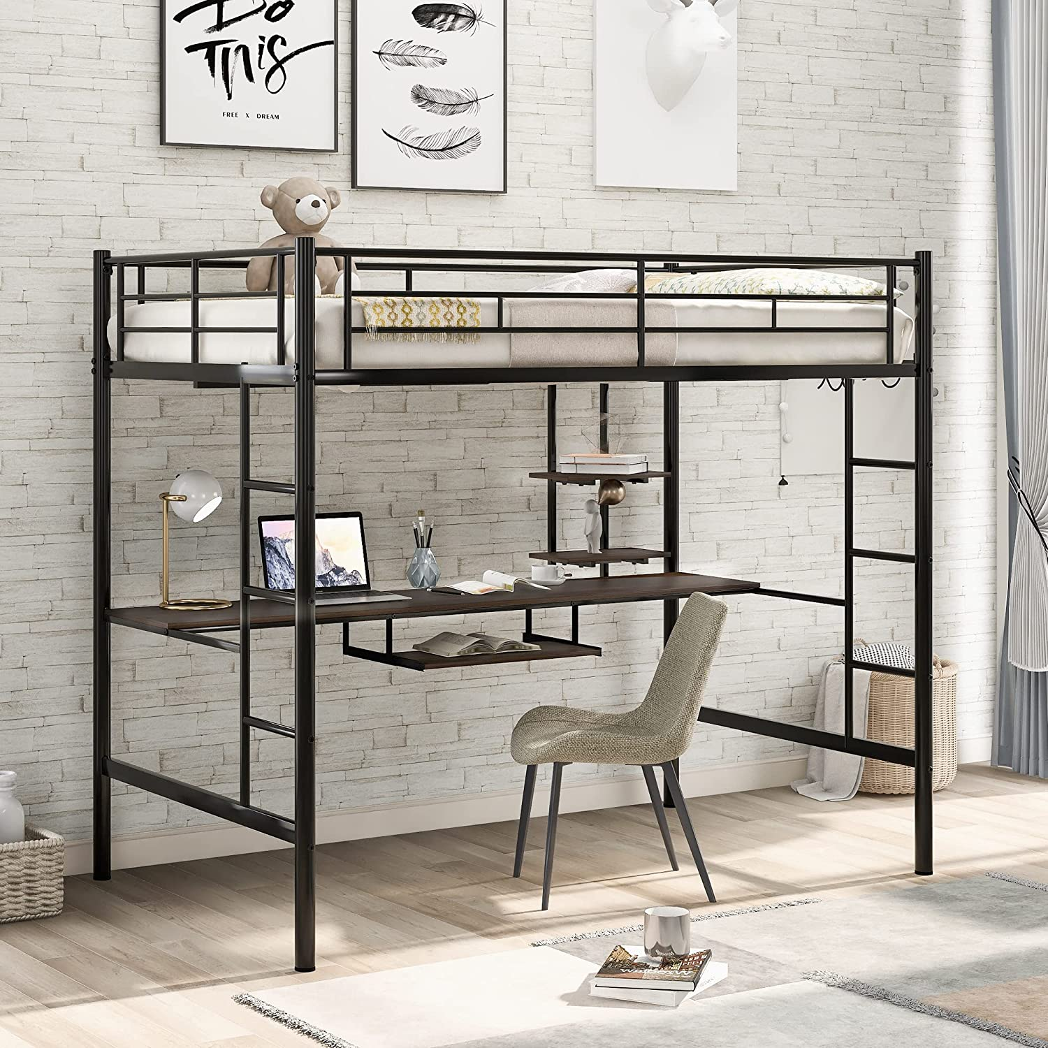 RUNWON Full Size Metal High Loft Bed with Under-Bed Long Desk & Storage Shelves 