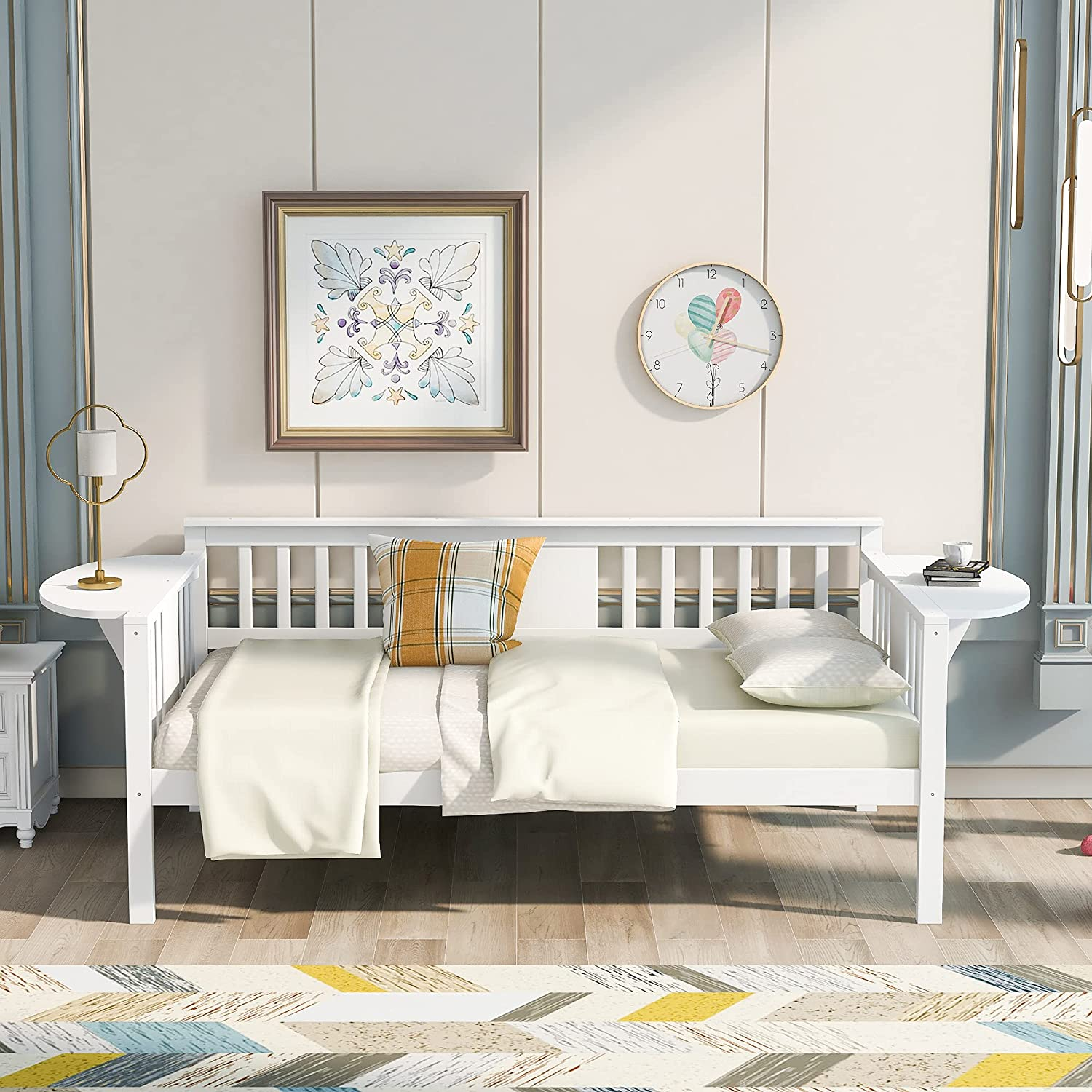 Voohek Twin Size Daybed, Wood Kids Bedroom Bed Frame Mid Century Modern Furnitur