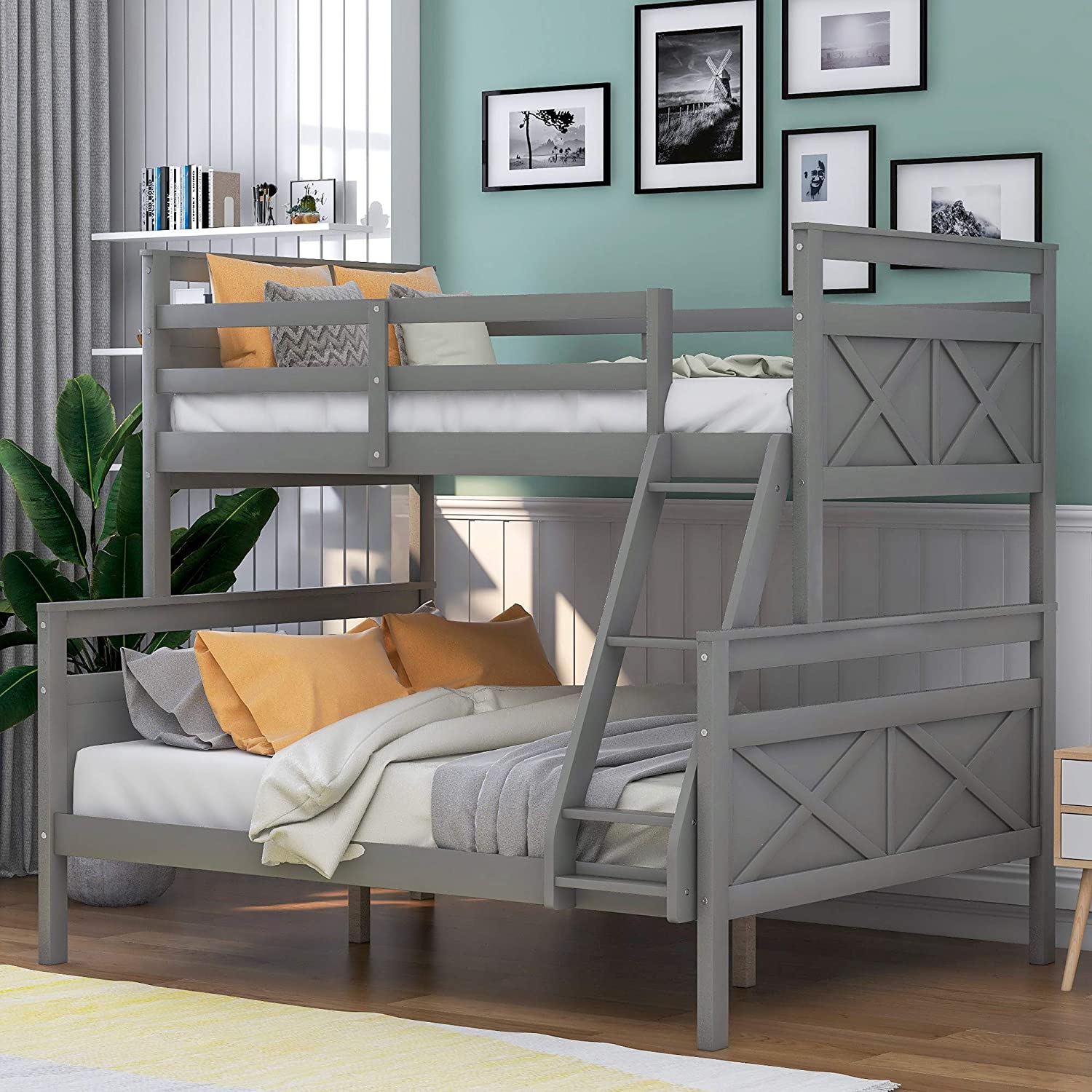 MOEO Twin over Full Bunk Bed with Ladder, Convertible to 2 Separated Wood Bedfra