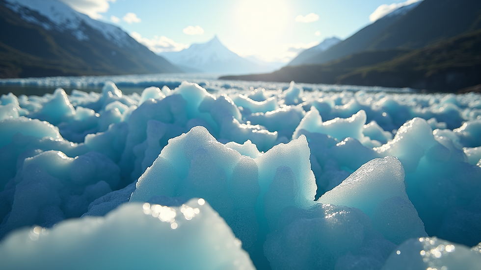 Close-up view of a majestic glacier glowing in the sunlight