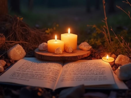 Open book in a forest at night, symbolizing the Akashic Records