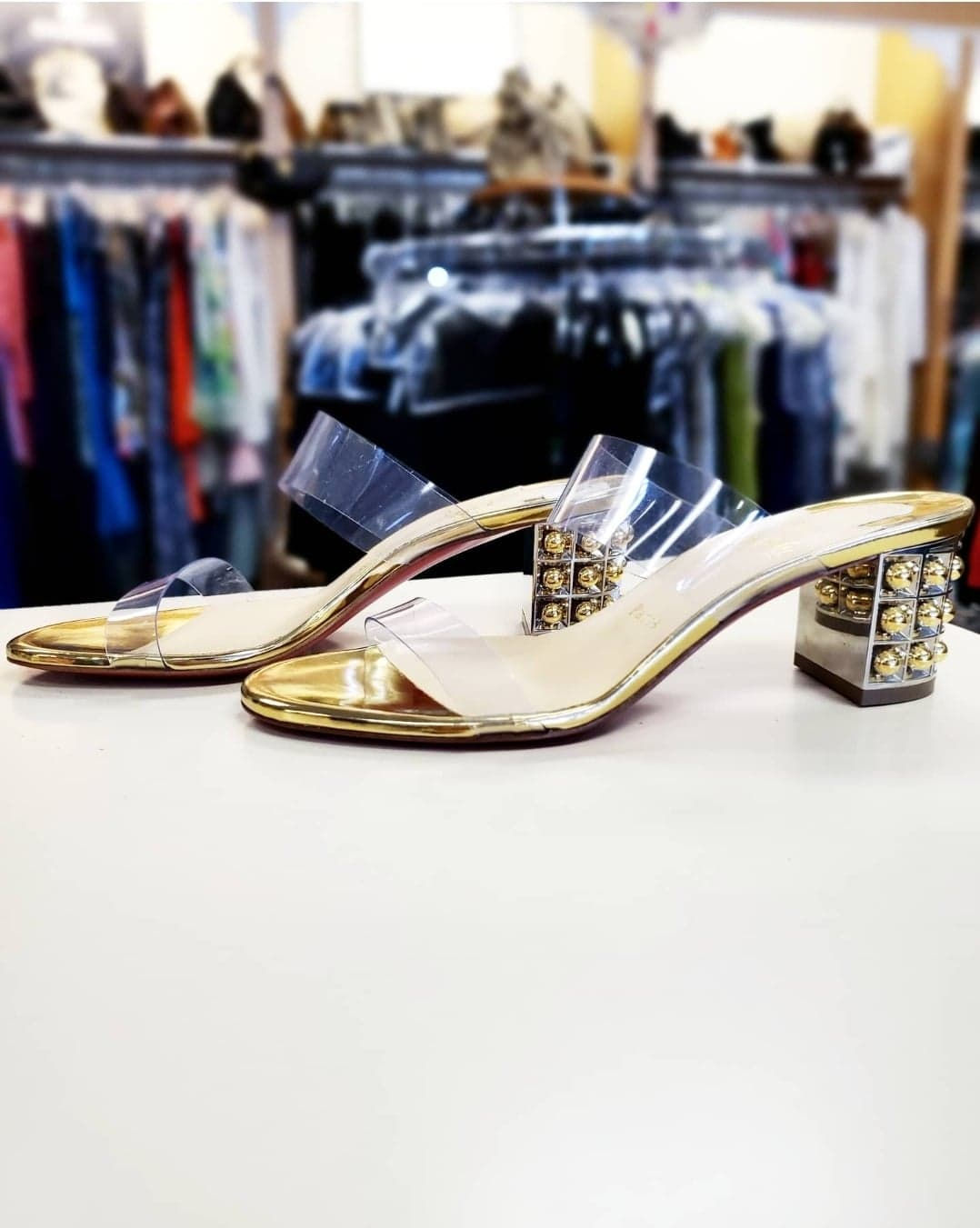 Christian Louboutin Gold Studded Chunky Slides | Size 38