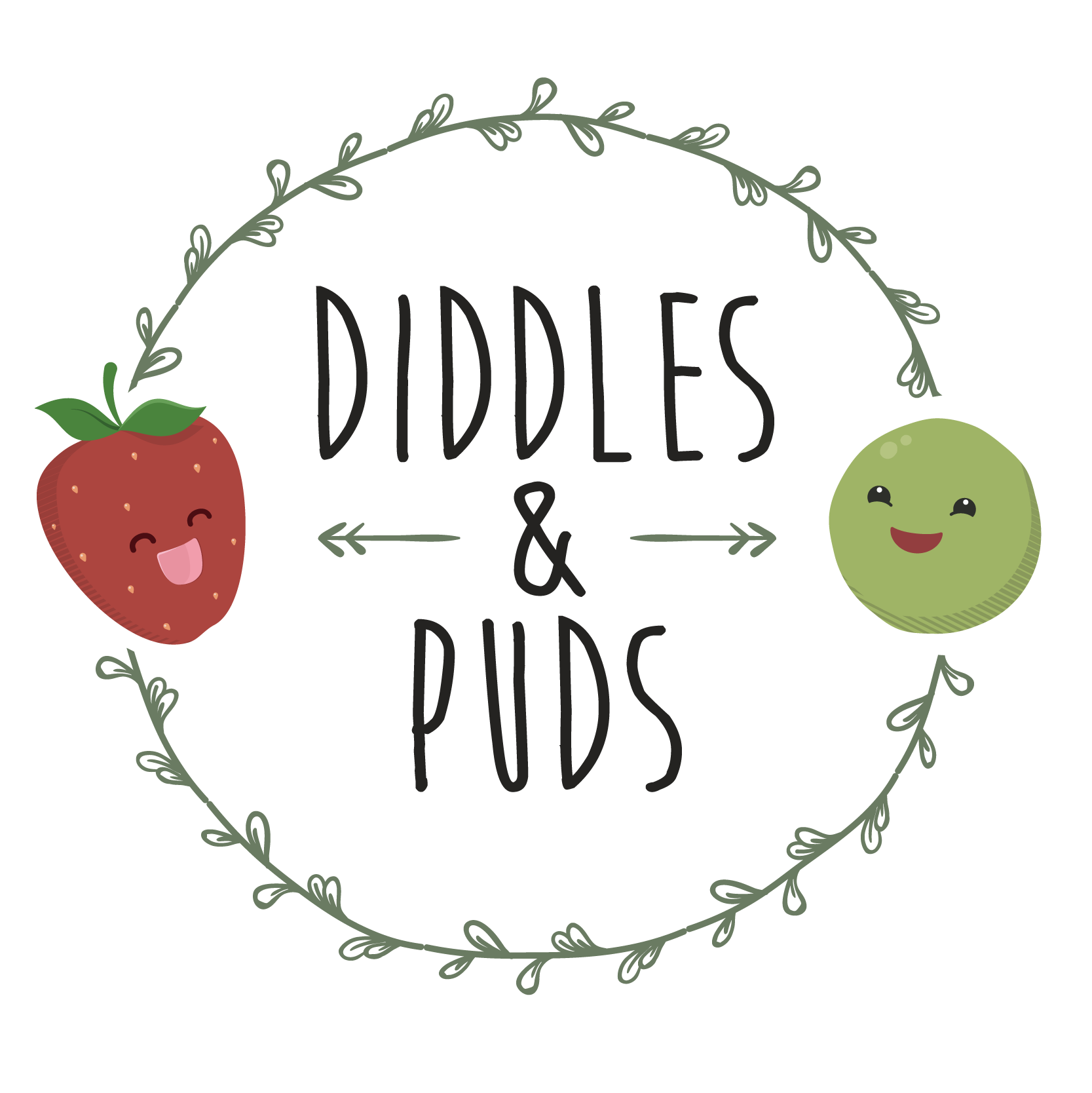 Logo for Diddles & Puds, featuring a smiling strawberry and pea